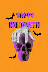 Exclusive image art pop trend collage of human magician hand hold skull skeleton spell halloween ritual spooky season trick or treat