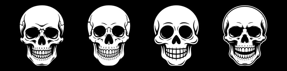 Fototapeta premium A set of detailed human skull illustrations. Monochrome gothic art perfect for Halloween or dark themes. Isolated on a black background.