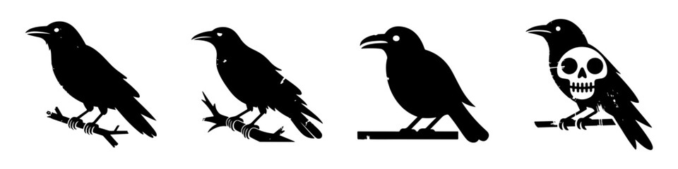 Obraz premium A set of crow or raven bird silhouettes. Gothic style icons for dark and mysterious themes, including one with a skull symbol. Isolated elements.