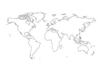 A gray outline of the world map on a white background with continents islands and coastlines