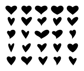 A set of heart icons, isolated on a white background, flat design, black silhouette vector. A collection of different heart shapes. Romantic element, symbol is a sign of passion, love for valentines