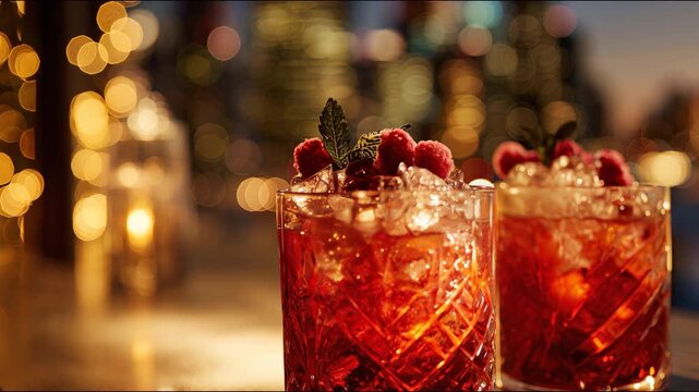 Cocktails with raspberries on a rooftop bar table, surrounded by city lights and bokeh, create a festive and luxurious evening atmosphere. Video made using Generative AI.