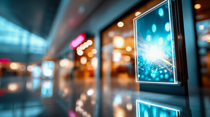 Blank illuminated light box display in a modern shopping mall at night with blurred city lights