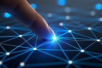 Obraz premium Finger Touches Digital Network Node Interface Abstract Futuristic Technology Innovation Concept