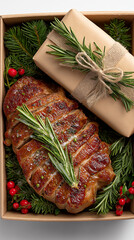 Gourmet Holiday Meal: A beautifully presented gourmet holiday meal, featuring a roasted duck breast and wrapped gift amidst festive evergreen accents, creates a feast for the eyes.