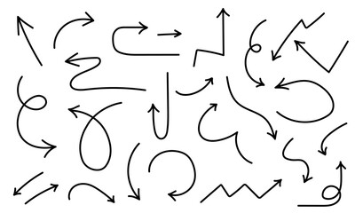 A set of hand-drawn vector arrows on a white background. Doodle-style symbols. Directional icons. Graphic symbols.Vector clipart.