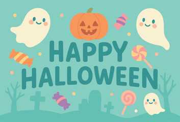 Cute Cartoon Halloween Vector with Smiling Ghosts, Pumpkin, Candy, and Pastel Colors