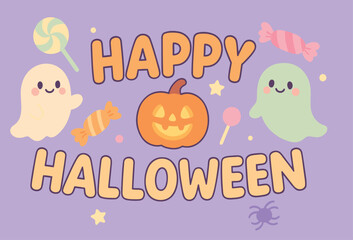 Cute Cartoon Halloween Vector with Smiling Ghosts, Pumpkin, Candy, and Pastel Colors