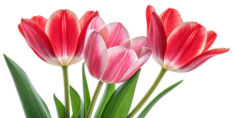 Red and Pink Tulips with Green Leaves on Transparent Background
Close-Up of Vibrant Tulip Flowers Isolated on Dark Backdrop