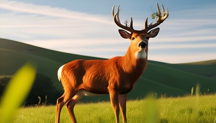 Wildlife scene of a red deer bathed in morning sunlight – glowing antlers, rich warm tones, and a tranquil forest or meadow background