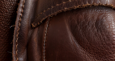 Close-up of Brown Leather Texture with Stitching