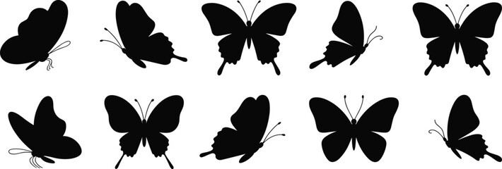 Set of butterfly silhouettes vector, flying insect collection, decorative nature icons, moth and butterfly shapes, wildlife outline illustration