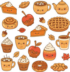 Super Cute Kawaii Autumn Food Characters Vector Collection