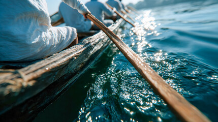 Close-up of rowers paddling in sync, wooden oars slicing through glistening blue water