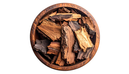 Top-down shot of tree bark pieces inside a wooden bowl