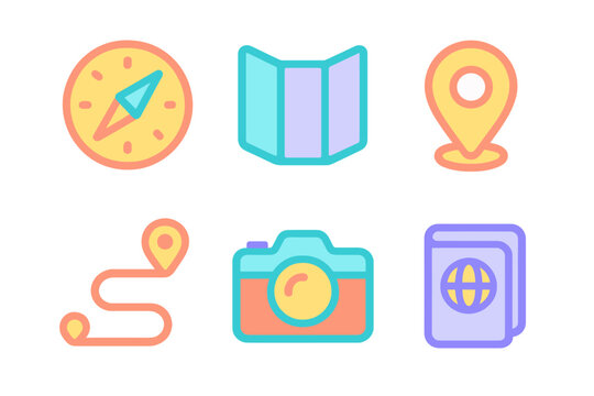 Colorful travel and navigation icons with map, compass, camera, passport, and location pins for global exploration
