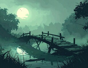 Moonlit Bridge Across the Haunted Swamp