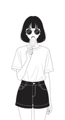 Young woman enjoying ice cream while wearing sunglasses in summer, image diversity concept  