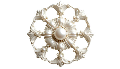 Intricate, pearl-like floral medallion. Detailed symmetrical design on black