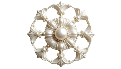 Intricate, pearl-like floral medallion. Detailed symmetrical design on black