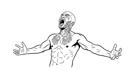 Male figure shouting with open arms in black and white illustration, image diversity concept  