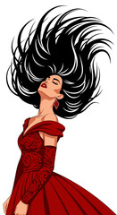 Enchanting woman in red dress with flowing hair against white background, image diversity concept  