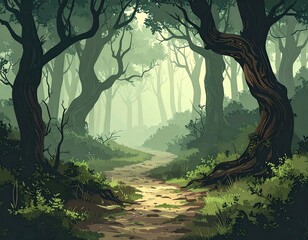 Twisting Forest Path Through Morning Fog