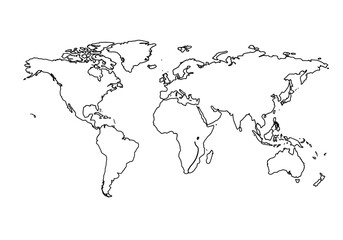 A monochrome world map outlining the continents  islands