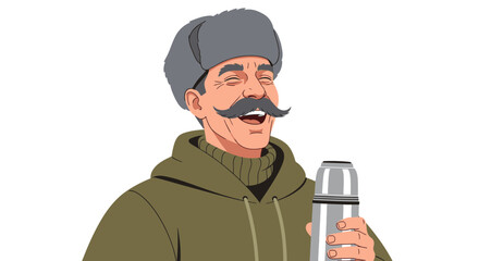 Happy man with mustache holding thermos in winter clothing
