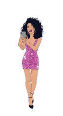 Young black woman smiling while taking selfie in sparkling dress, image diversity concept  