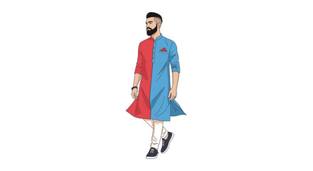 Stylish man wearing a blue and red traditional outfit while walking, image diversity concept  