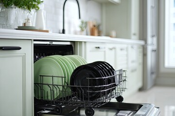 Clean plates inside a partially opened dishwasher in a bright kitchen with white cabinets