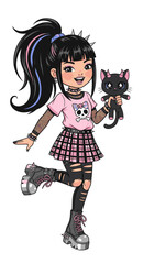 Young girl holding a black cat toy and smiling in punk style, image diversity concept  