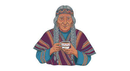 Elderly Indigenous woman holding a cup and wearing traditional clothing, image diversity concept  