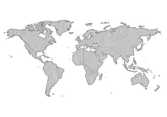 A sketch of a world map with crosshatching delineating continents