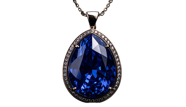 Pear-shaped blue gemstone pendant necklace, diamond halo, elegant