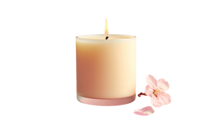 A glowing pillar candle next to a delicate flower and petals