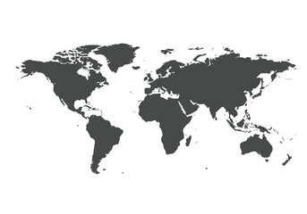 A world map depiction with landmasses in dark gray against a white background