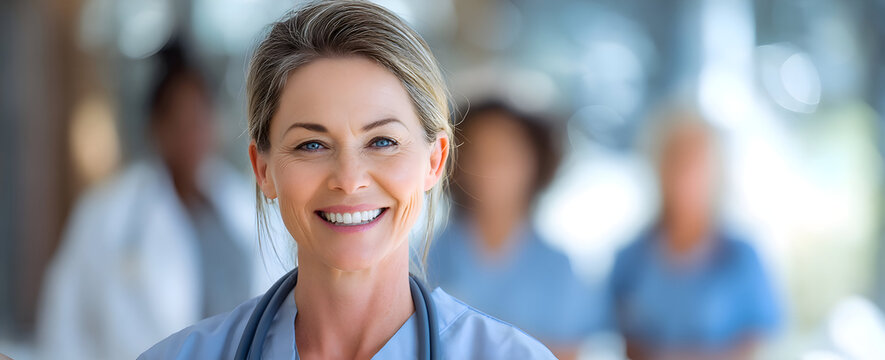 Close up of a smiling woman in scrubs with colleagues blurred in the background in a hospital setting