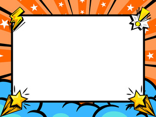 Comic Style Graphic Element: A dynamic, comic-book style graphic, presenting a frame bursting with energy, complete with stylized lightning, stars, and speech bubble elements.