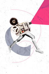 Vertical image artwork pop trend collage of bodyless human instead head camera legs run capture photographing cadre concept