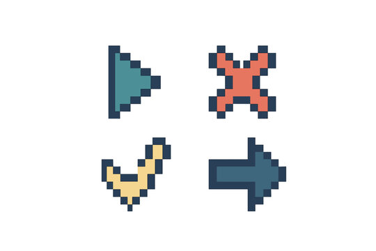 Colorful pixel art icons for user interfaces: play, close, checkmark, and navigation arrow symbols