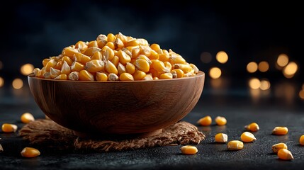 Harvesting golden corn kernels rustic kitchen food photography dark background close-up culinary delight
