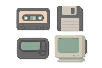 Obraz premium Collection of vintage technology devices including an audio cassette, floppy disk, pager, and old computer monitor