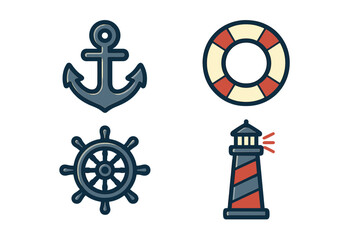 Obraz premium Nautical marine symbols set: anchor, lifebuoy, ship wheel, lighthouse for ocean travel and sea adventures