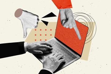 Trendy art creative image photo collage of human hands point thumb down reaction type laptop...