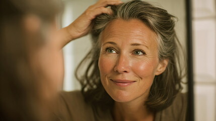 Fototapeta premium Middle aged woman with gentle smile touching hair while looking in bathroom mirror, hopeful and serene concept