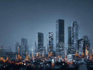 Fototapeta premium Futuristic skyline with tall buildings and finance graph overlay creates business atmosphere in modern cityscape at dusk