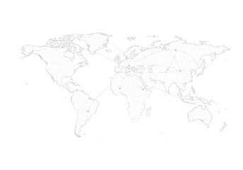 A world map outlined in dots connected by dotted lines indicating connections