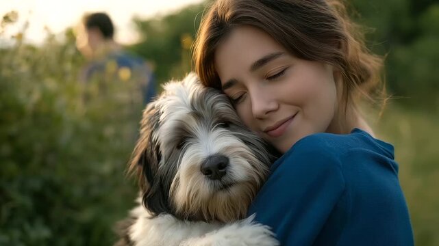 Capture the heartwarming moment of adoption success as a woman embraces her newly adopted dog outside an animal rescue shelter, highlighting emotional connection and the rewards of rescue efforts.